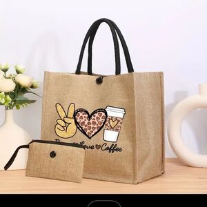 White and Tan Tote Bag with Playful Graphic Design